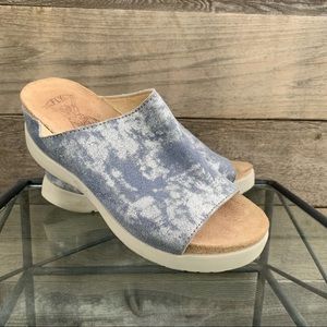 Fly London Wigg Sandal Blue Silver Platform Wedge Slide Shoe Women’s Sz 40 US 9